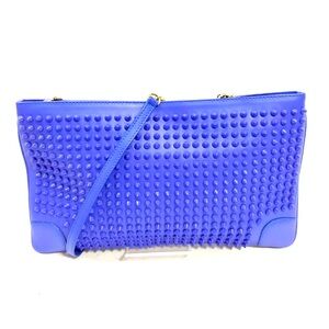 Auth Christian Louboutin Blue Spiked Studded Calfskin Loubiposh Clutch